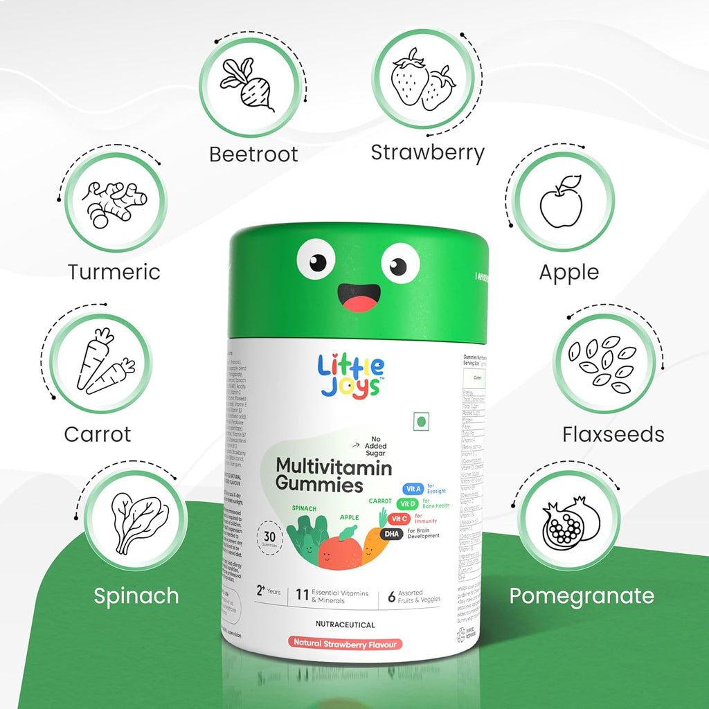 Little Joys Multivitamin Gummies for Kids | 2-6 Years | 30 Gummies | With 11 Vitamins & Minerals | Improves Immunity, Bone health & Antibody Production | No Added Sugar | Strawberry Flavour