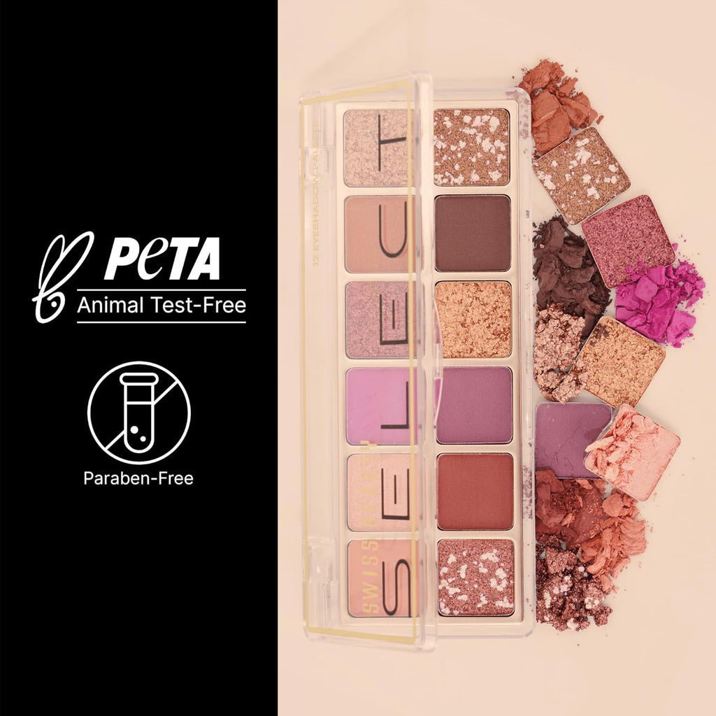 Swiss Beauty Select 12 shades Eyeshadow Palette | Mattes + Shimmers + Metallics | Shade - Slow Days, 10gm | 1 Count