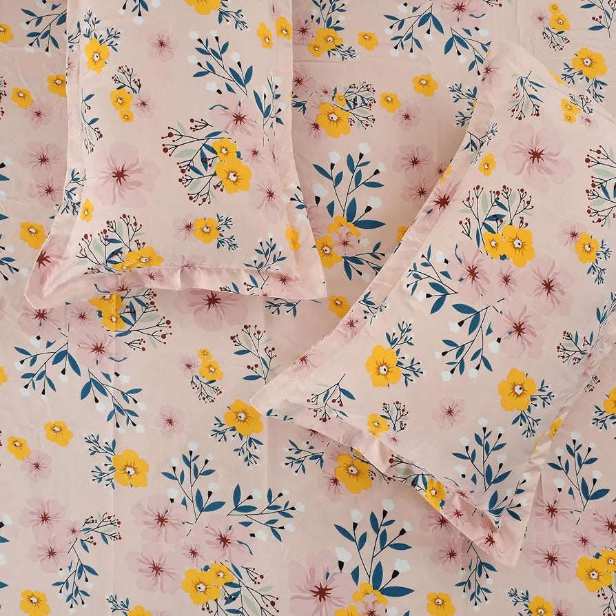 HomeKart Cotton 200 TC Proper King Size Bedsheet for Double Bed King Breathable for Summer with 2 Large Size Pillow Covers Without Joint Peach Yellow Flowers