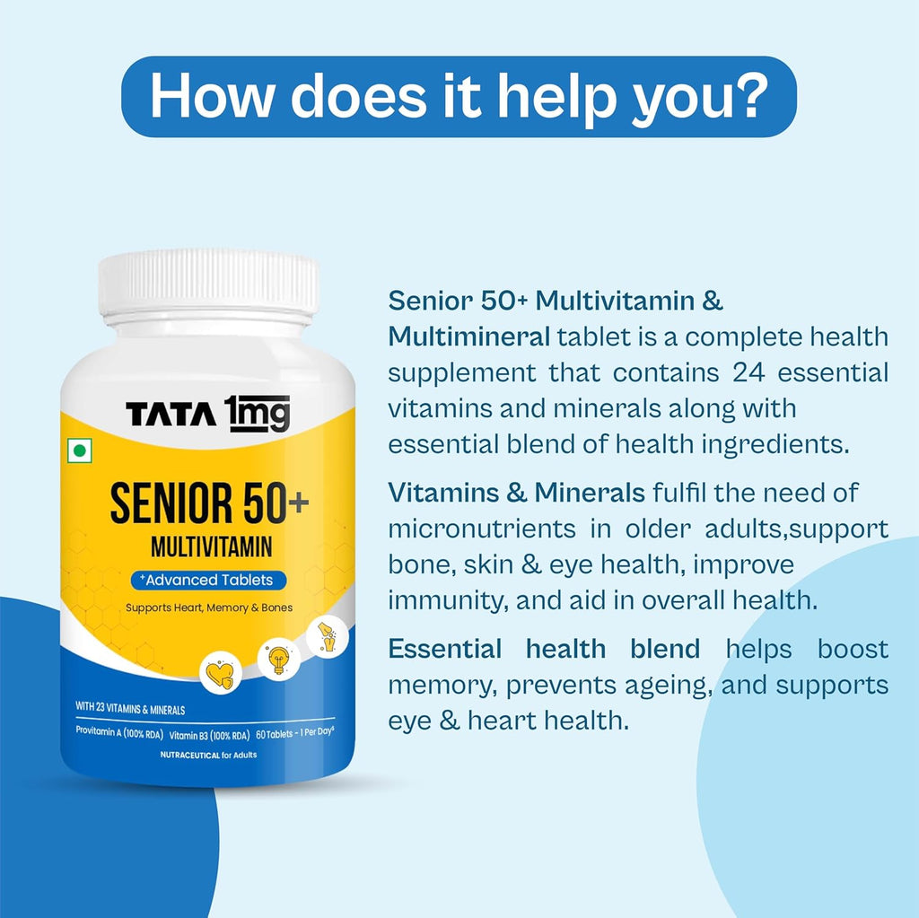 Tata 1mg Senior 50+ Multivitamin & Multimineral Veg Tablet with Calcium for Bone, Skin, Eye, Immunity, Heart & Joints, For Men & Women, Non-GMO & No Added Preservatives (Pack Of 60)