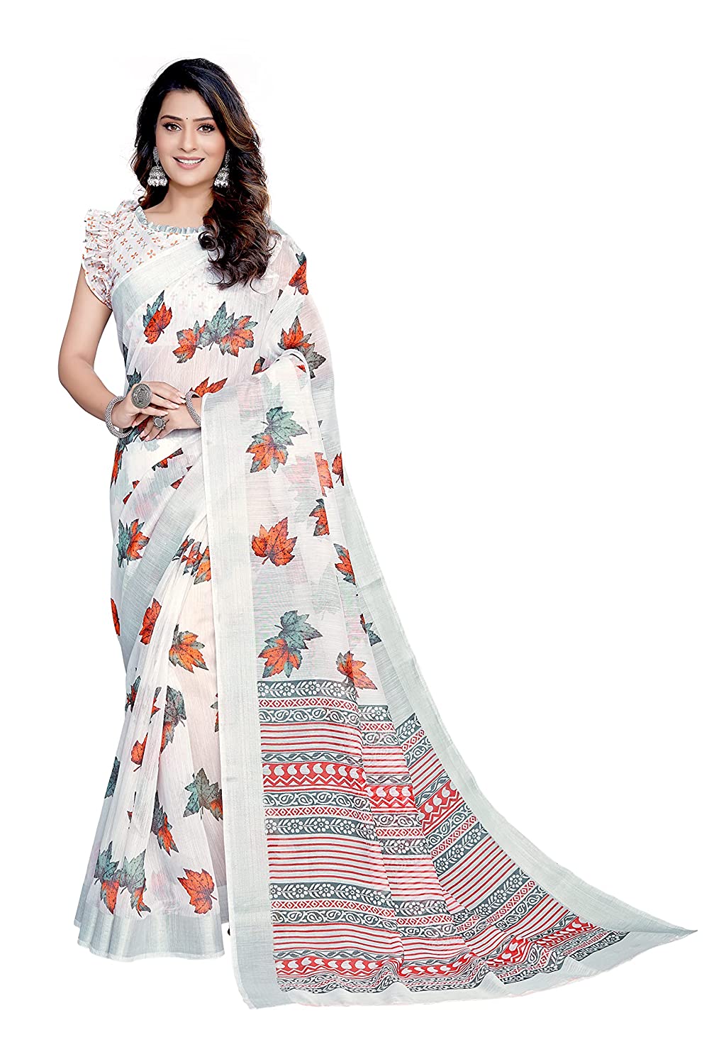 Mirchi Fashion Women's White Cotton Blend Blossom Leafs Printed Saree