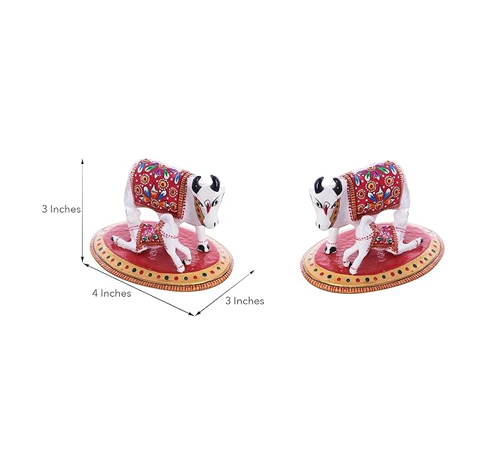 Ecraftindia Meenakari Cow and Calf Metal Figurine | Red and Black | Set of 2