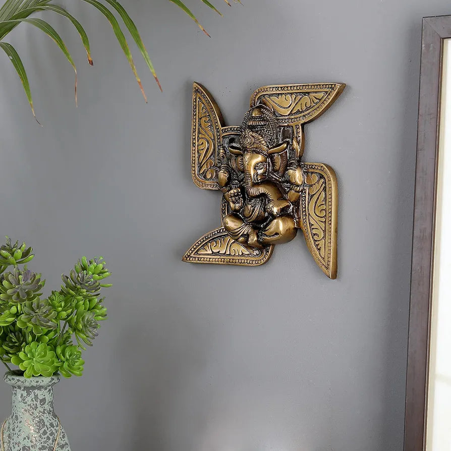 Two Moustaches Brass Ganesha Swastika Wall Hanging Brass Ganesha