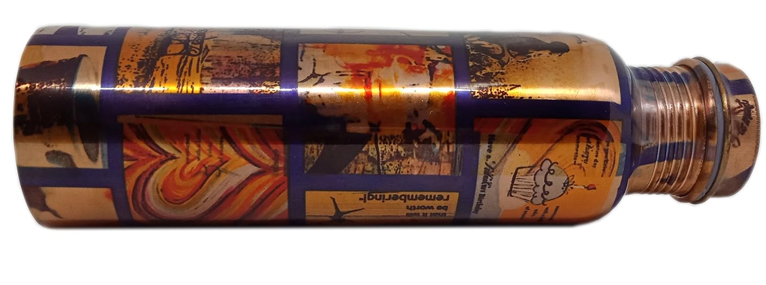 Nature’s Secret Pure Copper Modern Art Printed and Outside Lacquer Coated Bottle, Travelling Purpose, Yoga Ayurveda Healing, 1000 Ml (Sq. Blue)