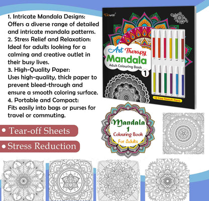 Art Therapy Mandala Adult Colouring Book 1: Mandala Colouring Book, Adult Coloring Book Kit With 12 Sketch Pens, Fun For Adults, Relaxing Coloring Workbook