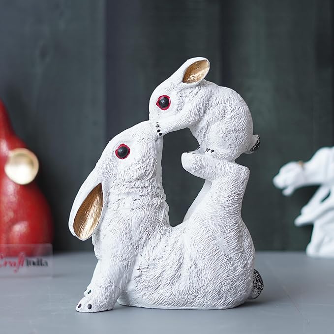 Ecraftindia Gold and White Rabbit Statue With Bunny Animal Figurines Decorative Showpiece for Home Decor