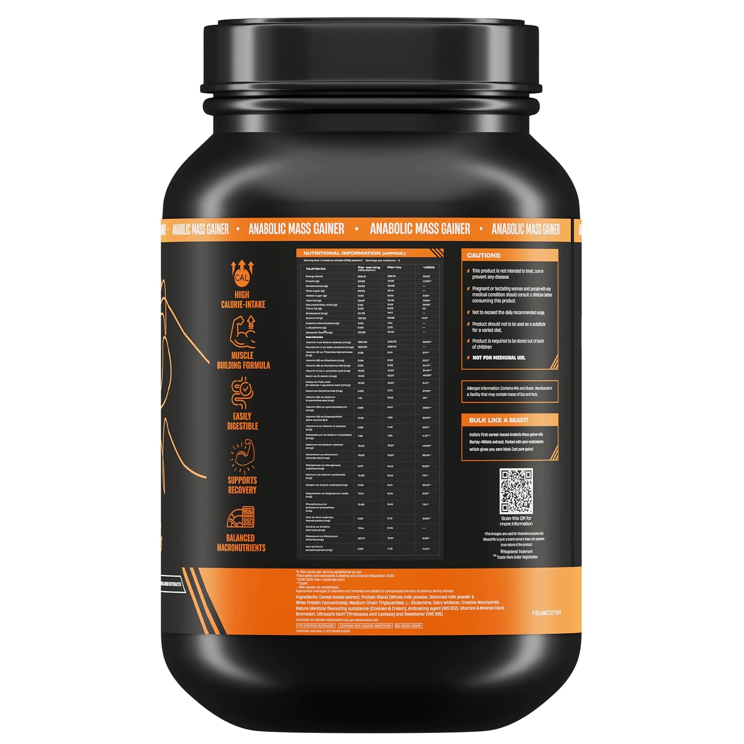 BeastLife High Protein Mass/Weight Gainer | 1 KG | Cookies & Cream | NABL LAB Tested | For Muscle Gain & Fast Growth | Cereal-Based Formula, No Maltodextrin | India's #1 Cereal Based Bulk Gainer