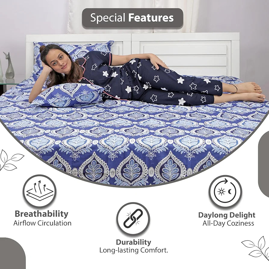 Divine Casa 144 TC 100% Cotton Double Bedsheet with 2 Pillow Covers Floral Pattern Colour Dazzling Blue