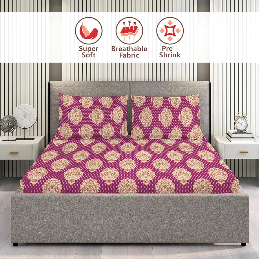 Layers Glory Cotton Bedsheet Set for All Seasons Lightweight 144 TC Queen Size Multicolor Pink