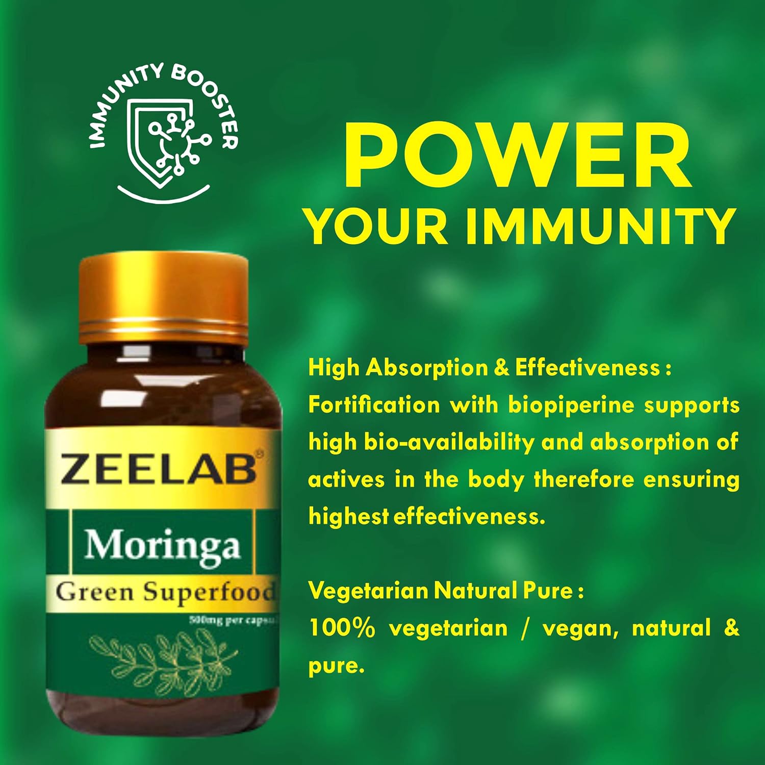 Zeelab Moringa Green Superfood Capsule | Immunity Supplements for Adults | 100% Vegetarian | Organic Moringa Leaf Powder 100 Capsules