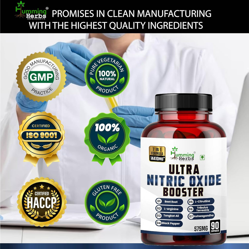 Humming Herbs ULTRA NITRIC BOOSTER - 7in1 | Beet Root, L-Arginine, Tongkat Ali, Black Pepper, L-Citrulline, Tribulus Terrestris & Ashwagandha - Enhance Energy, Performance, and Stamina - 90 Cap