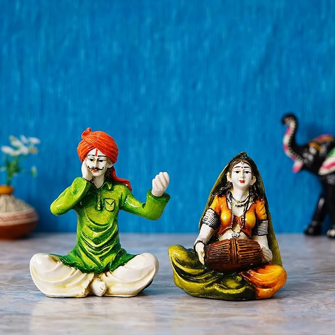 Ecraftindia Colorful Combo of Rajasthani Craftsmen Singing and Lady Playing Musical Instrument Dholak Statue