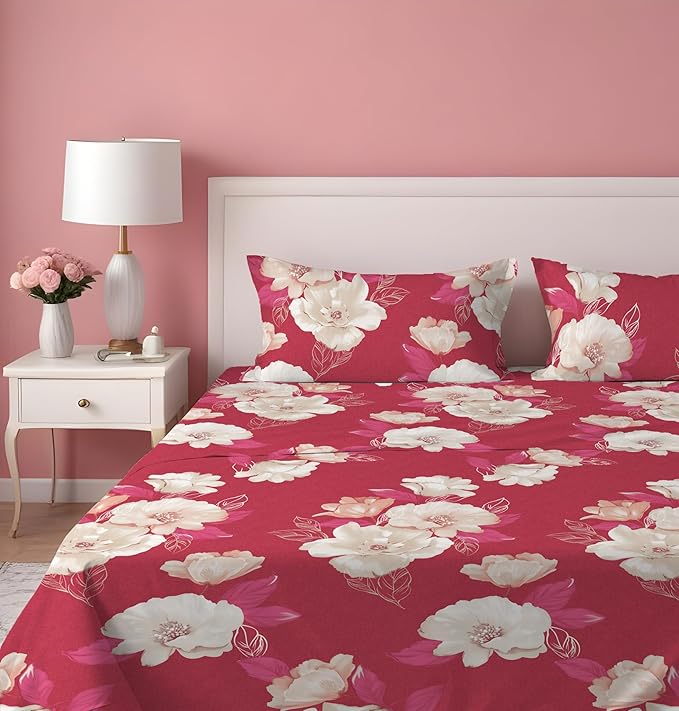 Dreamlet Presents Luxurious Supersoft Cotton Feel 210tc King Size Elastic Fitted Double Bedsheets With 2 Pillow Covers | Red