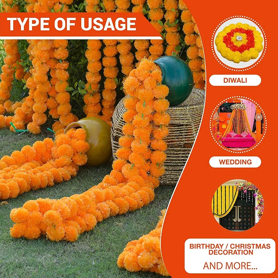 Artificial Orange Flowers For Decoration Garland With Bell 5 Feet Long 5 Pcs With 1 Diya 5 Centimeters Orange-bell