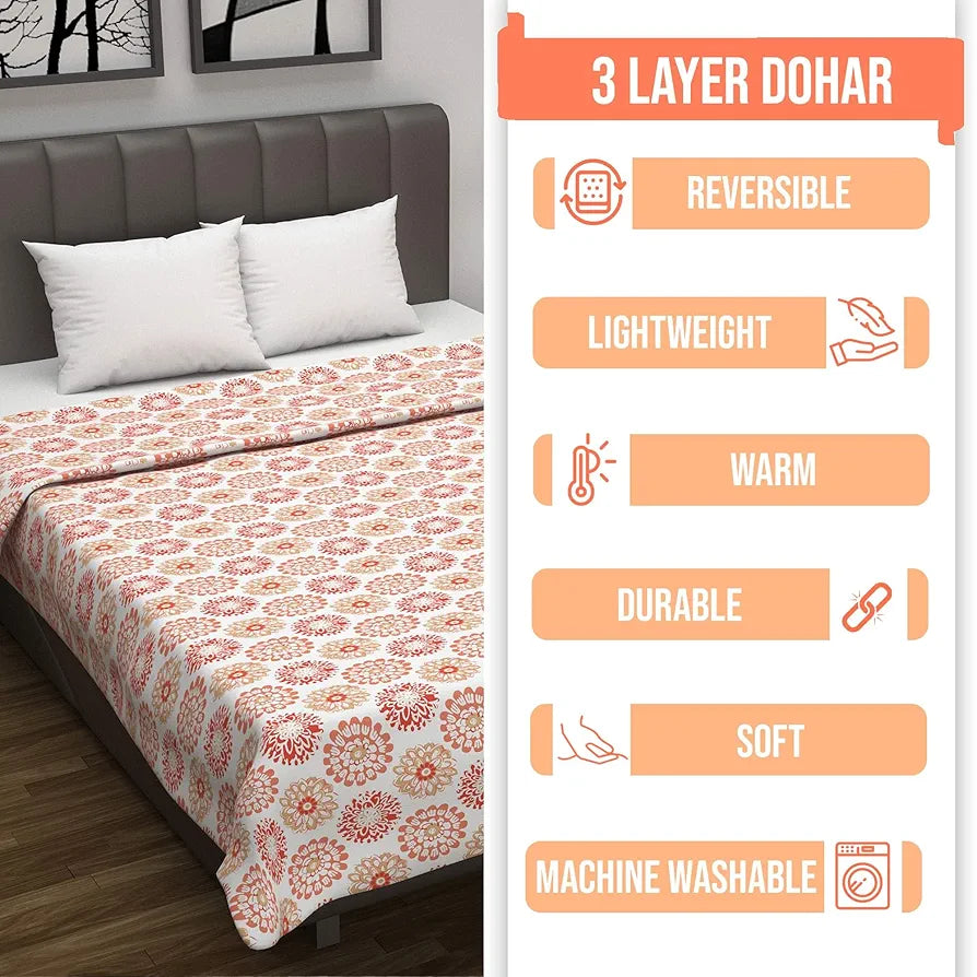 Divine Casa Floret 100% Cotton Double Dohar 120 GSM Soft & Lightweight Throw Blanket Colour Red Orange