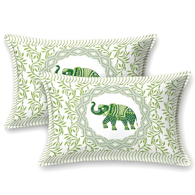Colorish Jaipuri Traditional Elephant Printed Bed Sheet With 2 Pillow Covers | Pastel Green