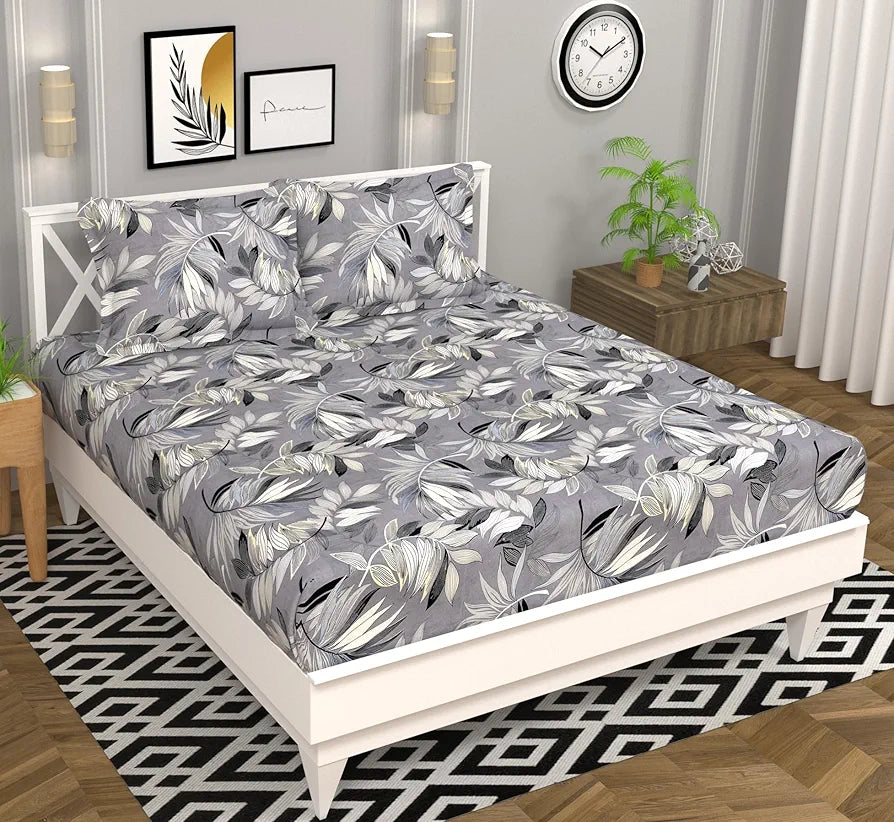 HomeKart Prime Collection Microfiber bedsheet for Double Bed with 2 Pillow Covers Breathable and Soft Touch 164 TC Pattren Floral Color Silver and White