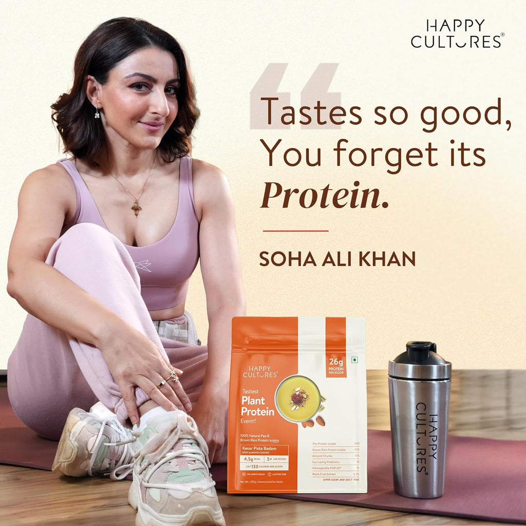 Happy Cultures 26g Tastiest Plant Protein| Kesar Badam Pista | Pea & Brown Rice Protein Isolate| No Added Sugar| Vegan| 20 Complete Amino Acids| Monk Fruit Extract| Women & Men| No Bloating, Easy to Digest| Dairy Free with Probiotics- 505g, Kesar Pista