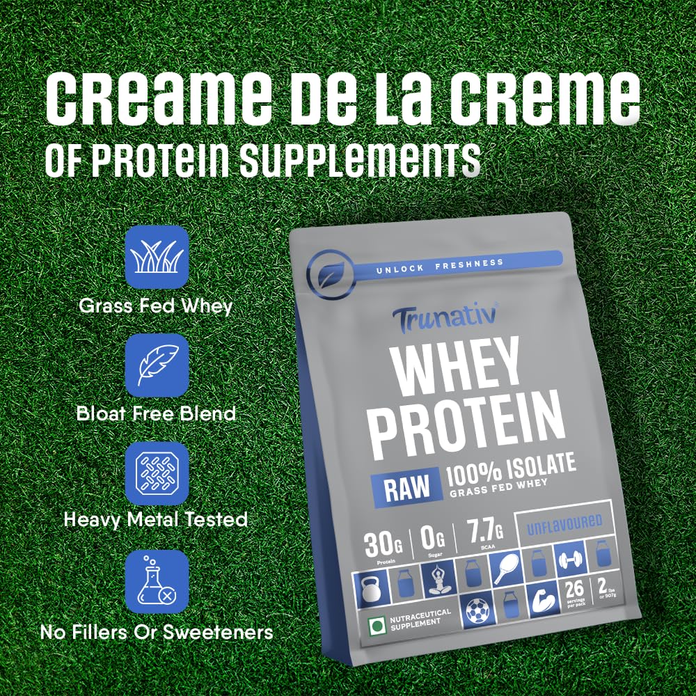 TruNativ Raw Whey Protein Isolate Powder| 27g Protein | 7g BCAA) | Enhances Lean Muscle Mass | No Added Carbs & No Added Sugar |For Men & Women |Unflavoured Protein Powder 907g