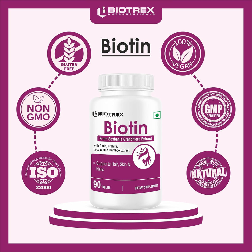 Biotrex Nutraceuticals Biotin Supplement For Hair, Skin & Nails, Enriched With Amla, Brahmi, Lycopene & Bamboo Extract - 90 Tablets