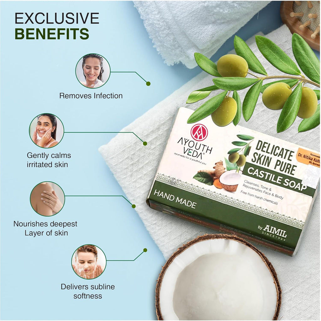 Ayouthveda Delicate Skin Pure Castile Soap | With the Goodness of Tulsi, Neem, Coconut & Olive Oil | Cleanse, Tones & Rejuvenates Skin | Handmade Soap Without Harsh Chemical (Pack Of 1-100Gm)