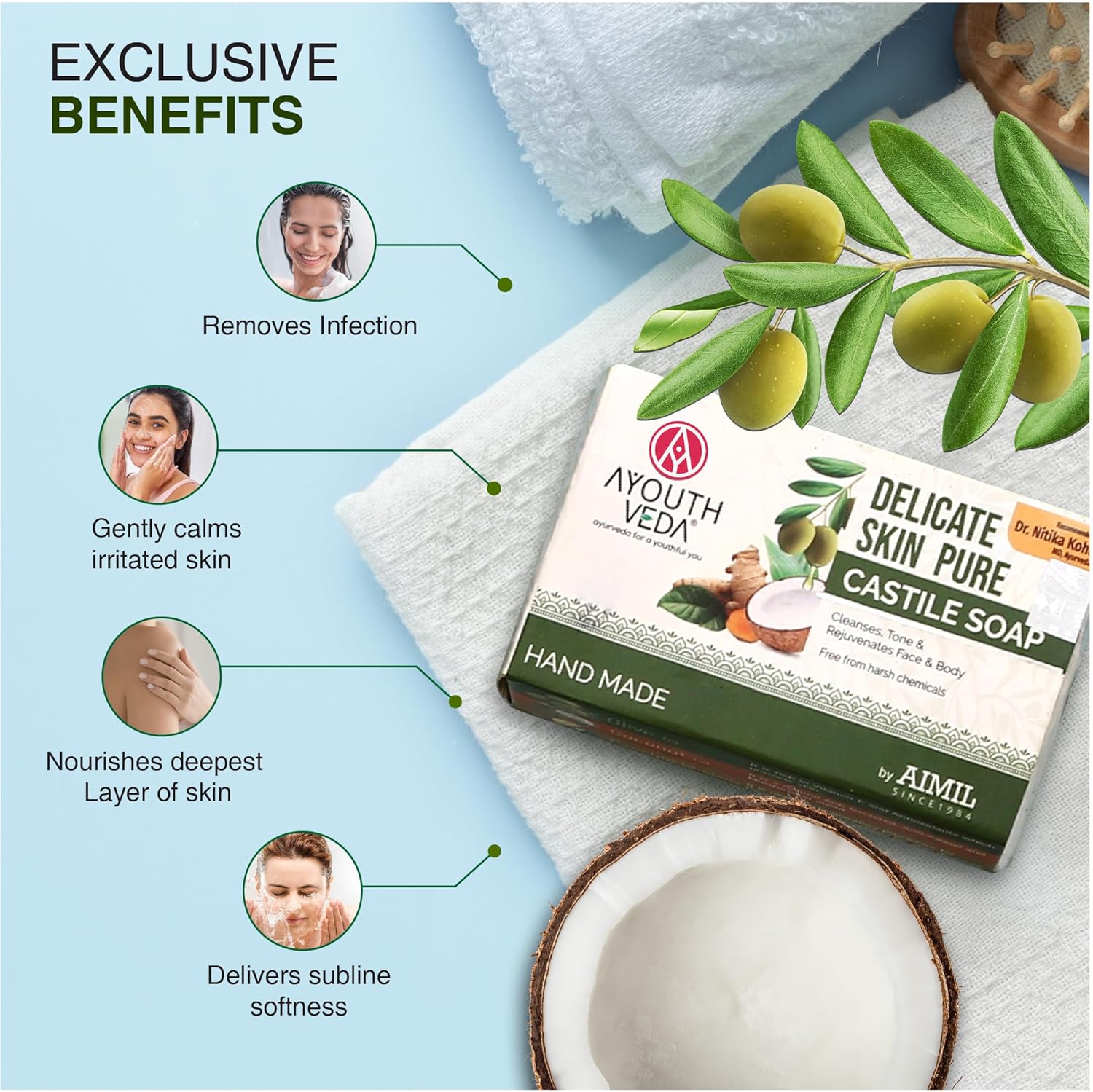 Ayouthveda Delicate Skin Pure Castile Soap | With the Goodness of Tulsi, Neem, Coconut & Olive Oil | Cleanse, Tones & Rejuvenates Skin | Handmade Soap Without Harsh Chemical (Pack Of 1-100Gm)