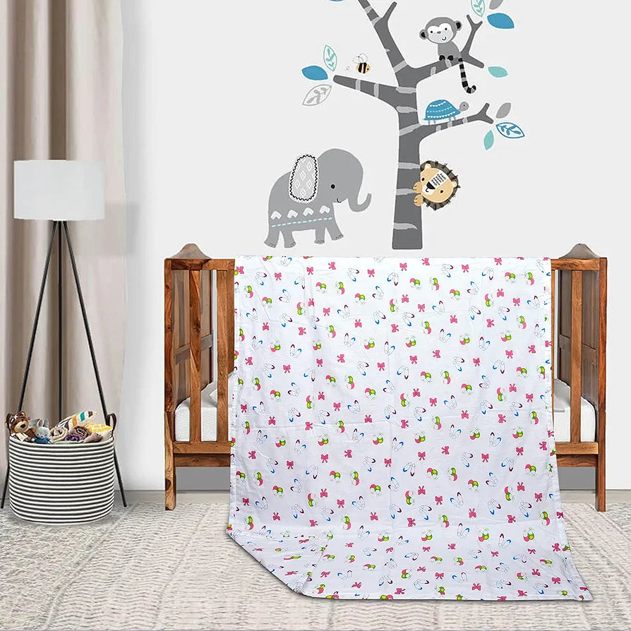 Trance Home Linen Pure Malmal Cotton Multipurpose Baby Dohar 3-Layered Baby Swaddle Soft Blanket Colour Pins & Bow