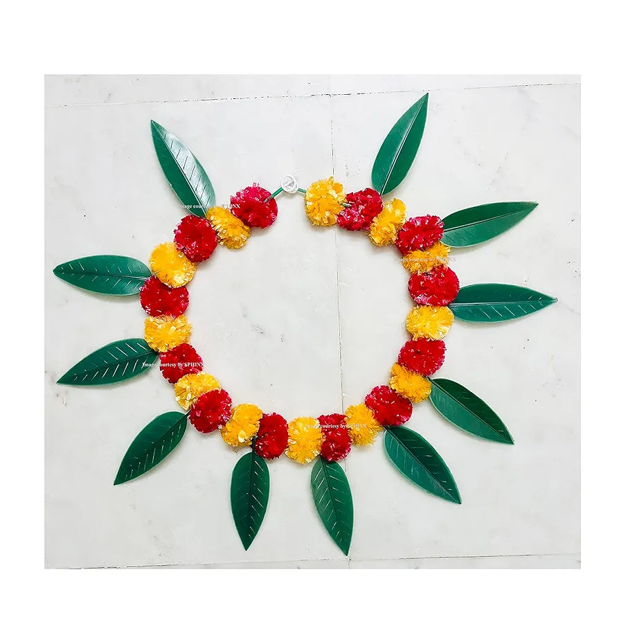 Artificial Marigold &Mango Leaves Simple Door-Window Toran Light Orange and Red