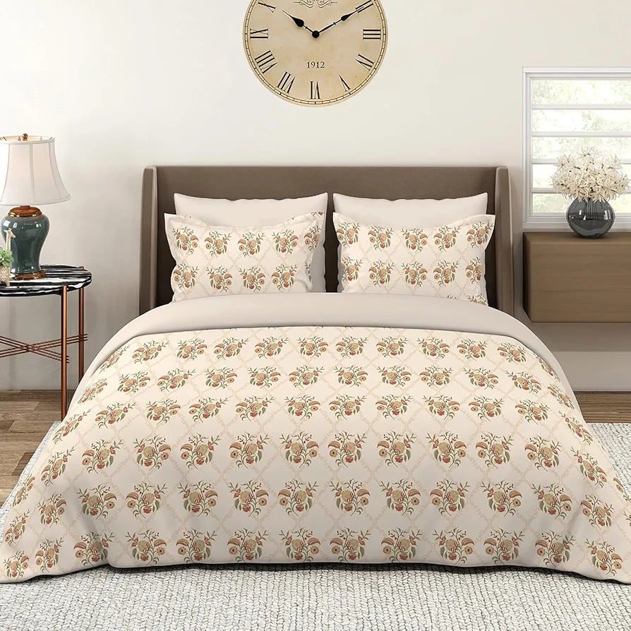 Layers Home Easy Cotton Bedsheet Set for All Seasons Lightweight 144 TC King Size Beige Red Floral