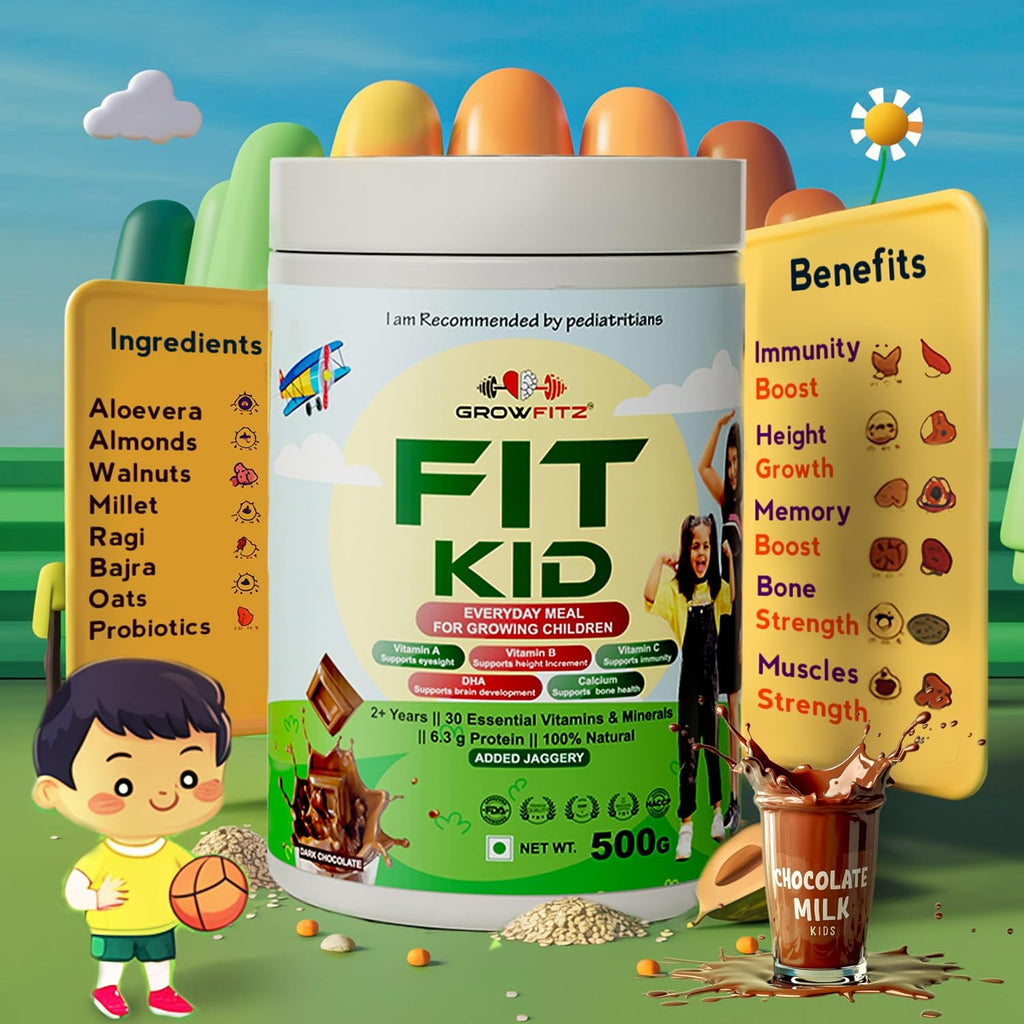 Growfitz FitKid | Natural Healthy Everyday Meal for Kids 2-18 | No Added Sugar | Supports Bone Strength, Immunity, Brain Development | 6.3g Protein | Almonds, Walnut, Ragi, Bajra (400g, Chocolate)