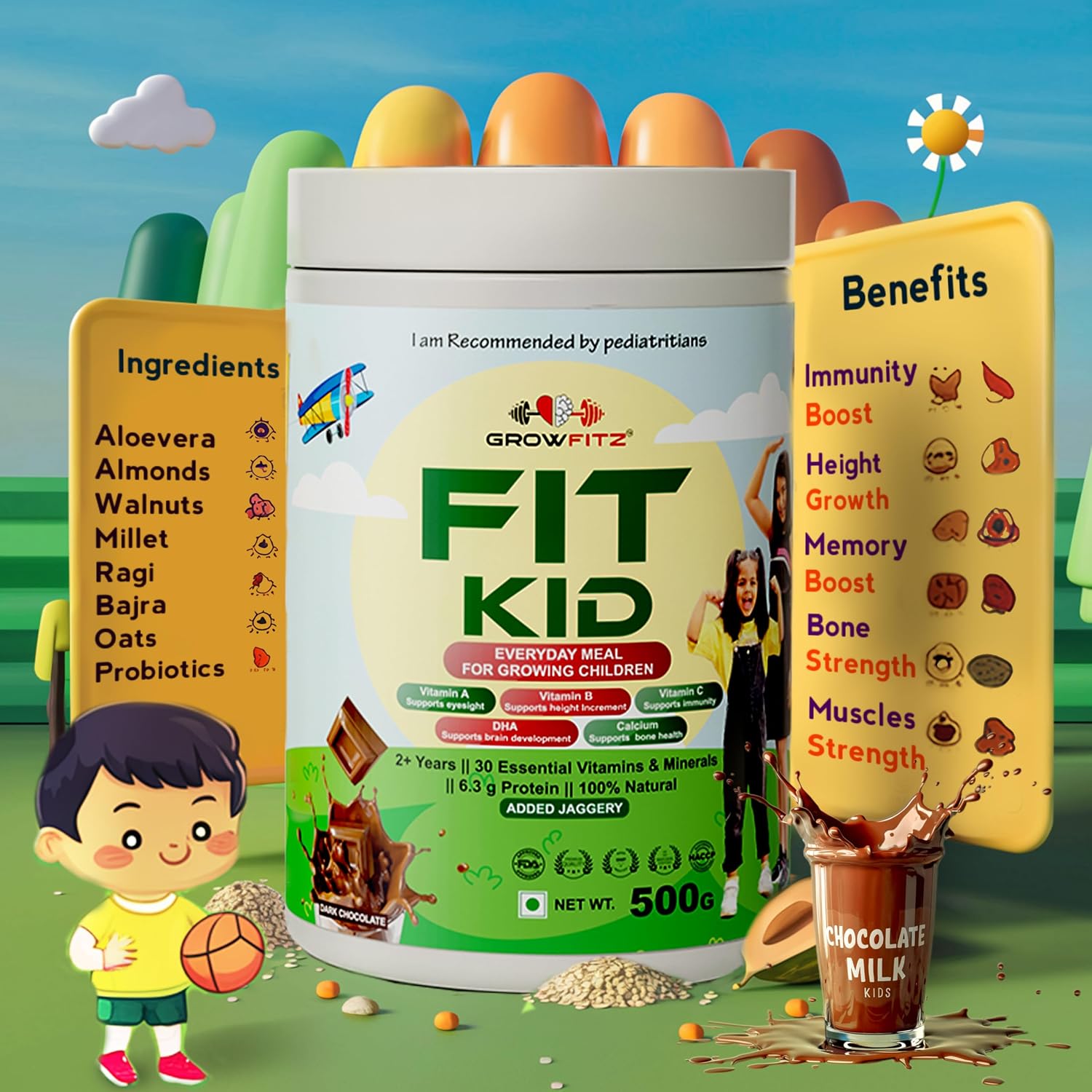 Growfitz FitKid | Natural Healthy Everyday Meal for Kids 2-18 | No Added Sugar | Supports Bone Strength, Immunity, Brain Development | 6.3g Protein | Almonds, Walnut, Ragi, Bajra (400g, Chocolate)