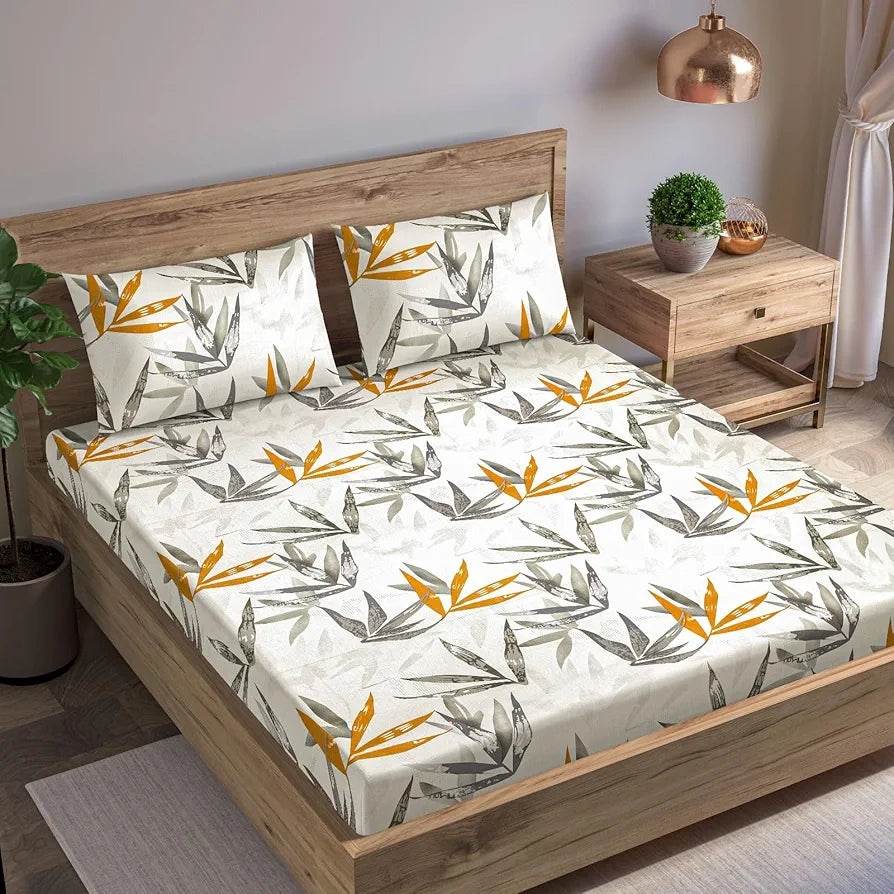 Trance Home Linen 180TC 100% Cotton 72"x60" Double Bed Size Elastic Fitted Bedsheet with 2 Pillow Covers Colour White Grace Leaves