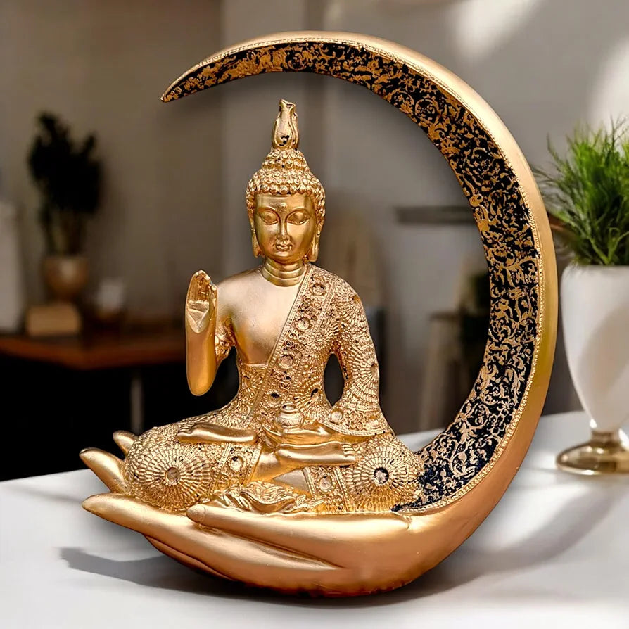 Neelaya Antique Meditating Moon Buddha Showpiece Polyresin Idol Statue Gold