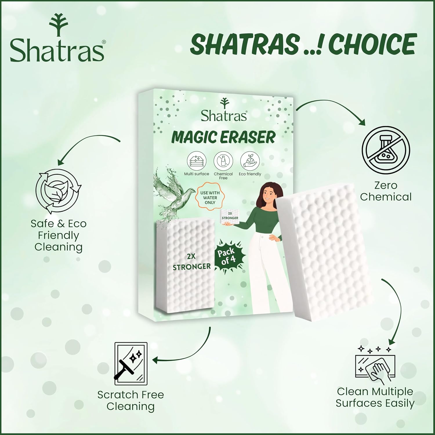 Shatras Magic Eraser Cleaning Sponge – Multipurpose Melamine Foam Stain Remover Foam for Walls, Kitchen, Bathroom, Tiles & Shoes | Just Add Water Stain Remover (Pack of-4)
