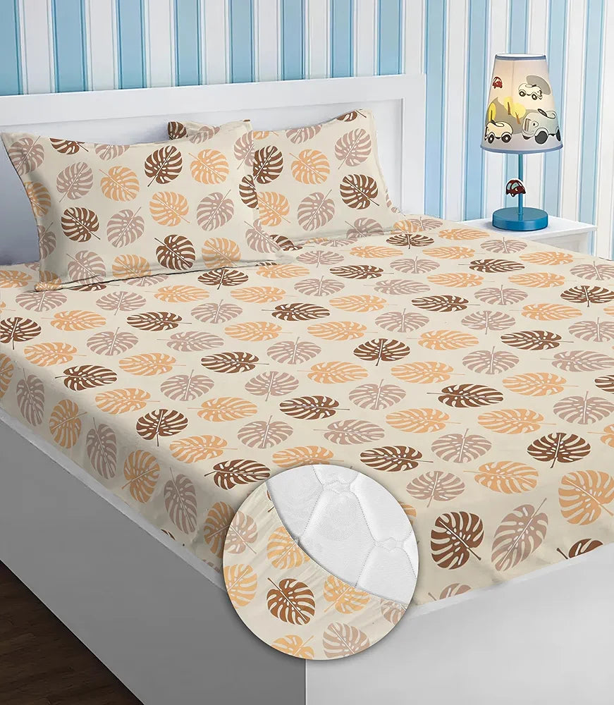 Homekart Premium Cotton Elastic Fitted Bedsheets with 2 King Size Pillow Covers Double Bed Leaf Print Beige and Brown 200 tc - 220 tc