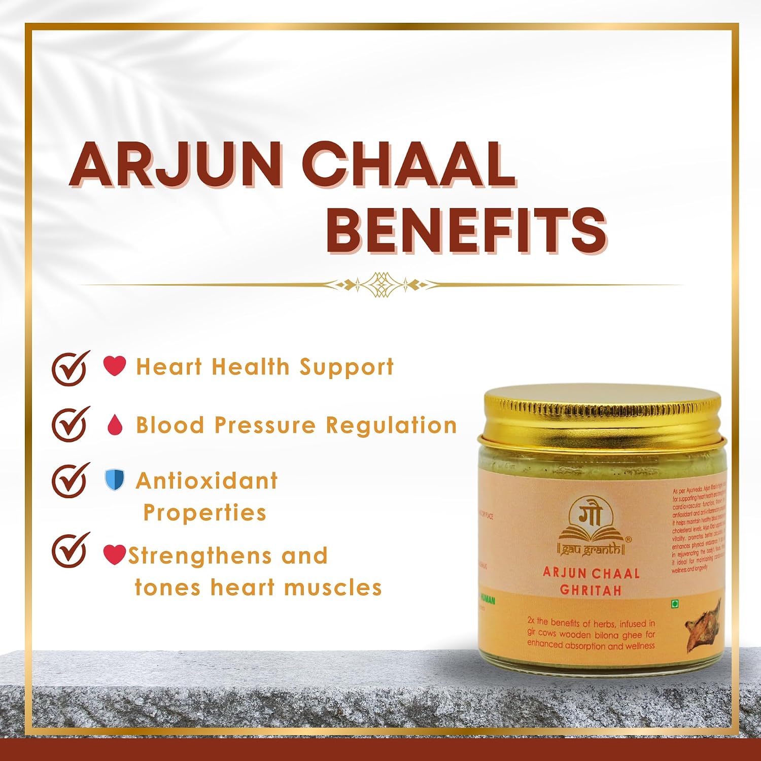 cow ved GauGranth Arjun Chal A2 Gir Cow Ghee – 100ml (Pack of 1) | Traditional Wooden Bilona Method | Ayurvedic Ghee with Arjun Bark for Blood Pressure Regulation & Heart Health | Grassfed Desi Cow Ghee | Glass Jar Packaging