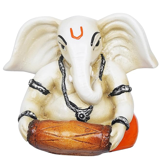 Ecraftindia White & Orange Polyresin Handcrafted Lord Ganesha Idol Playing Dholak Musical Instrument | Decorative God Statue Ideal