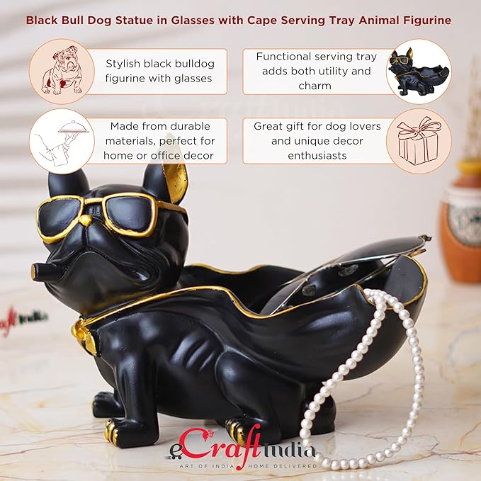 Ecraftindia Black Bull Dog Statue in Glasses With Cape Serving Tray Animal Figurine for Home Table Decor Showpiece