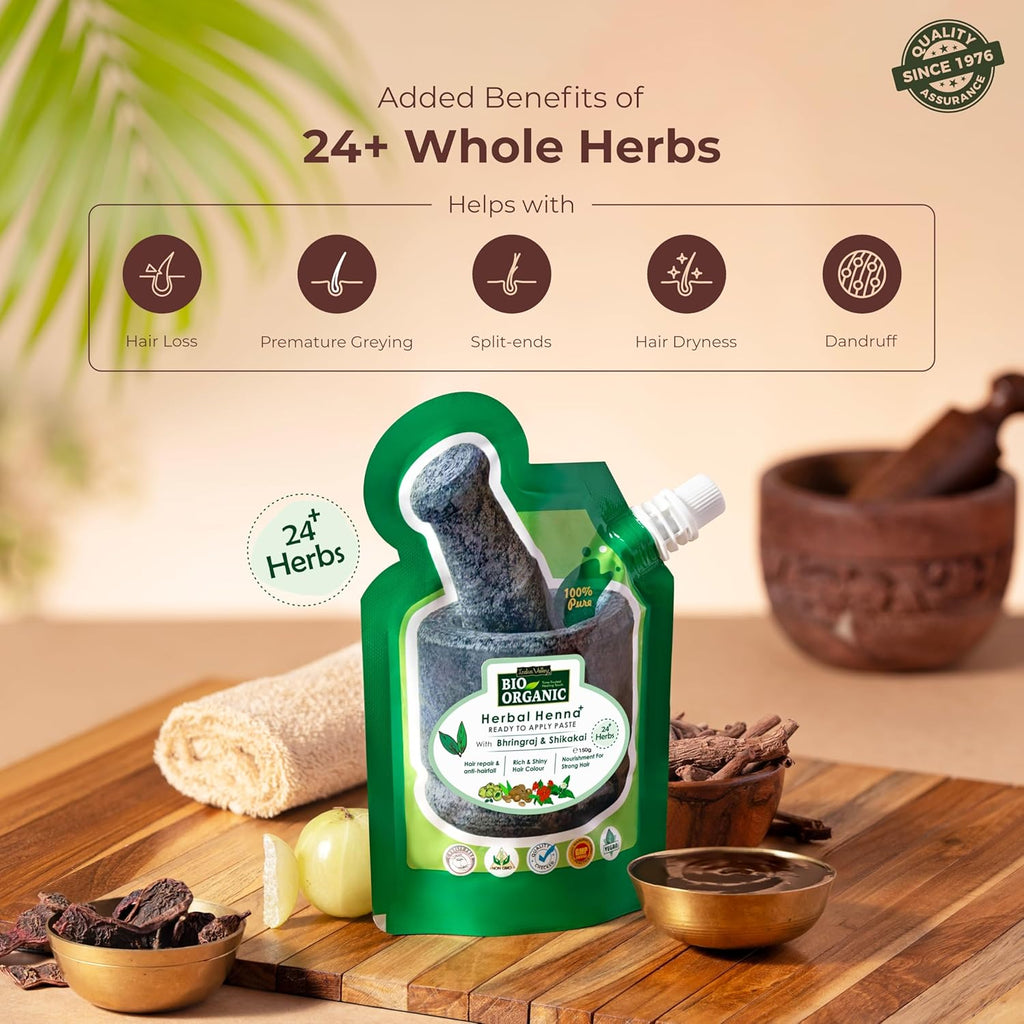 Indus Valley Bio Organic Herbal Henna Ready to Apply Paste with Bhringraj & Shikakai Nourishment for Strong Hair (150 g)