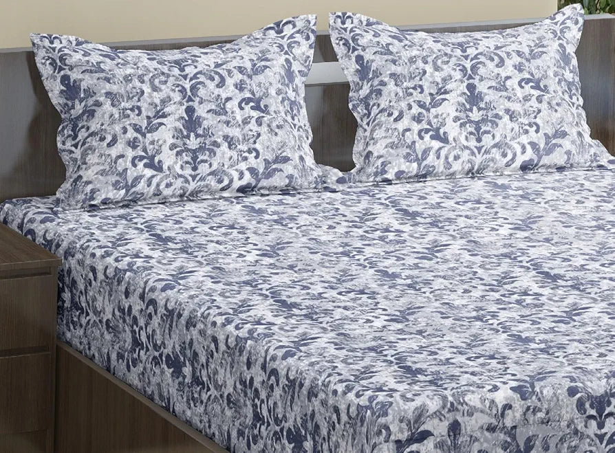 Trance Home Linen 180TC 100% Cotton 78"x72" Standard King Size Elastic Fitted Bedsheet Printed King Bed Size with 2 Pillow Covers Colour Royal Blue