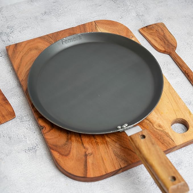 Femora 9.8 Inchs Iron Flat Tawa With Wooden Handle | Tawa for Roti