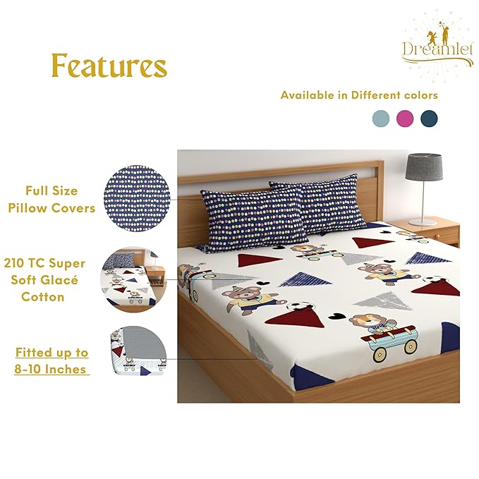 Dreamlet All Around Elastic Supersoft 210tc Premium Cotton Elastic Fitted Bedsheets With 2 King Size Pillow Covers | White & Blue