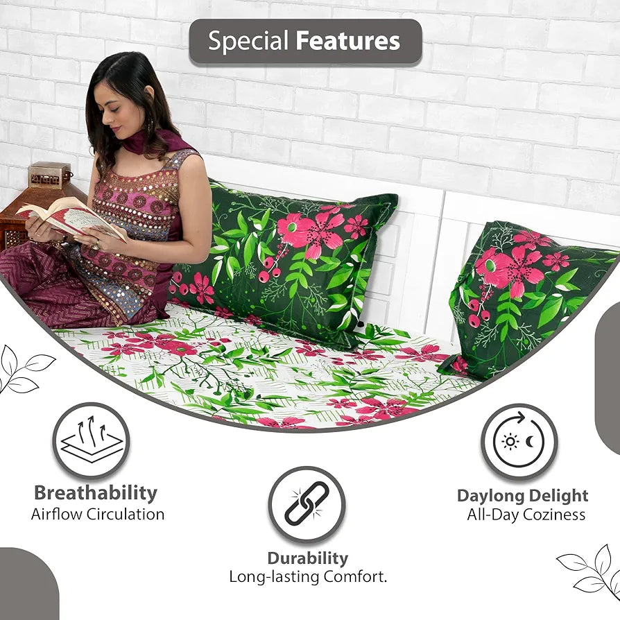 Divine Casa 144 TC Cotton Bedsheet for Double Bed with 2 Pillow Cover Colour Mint Pink