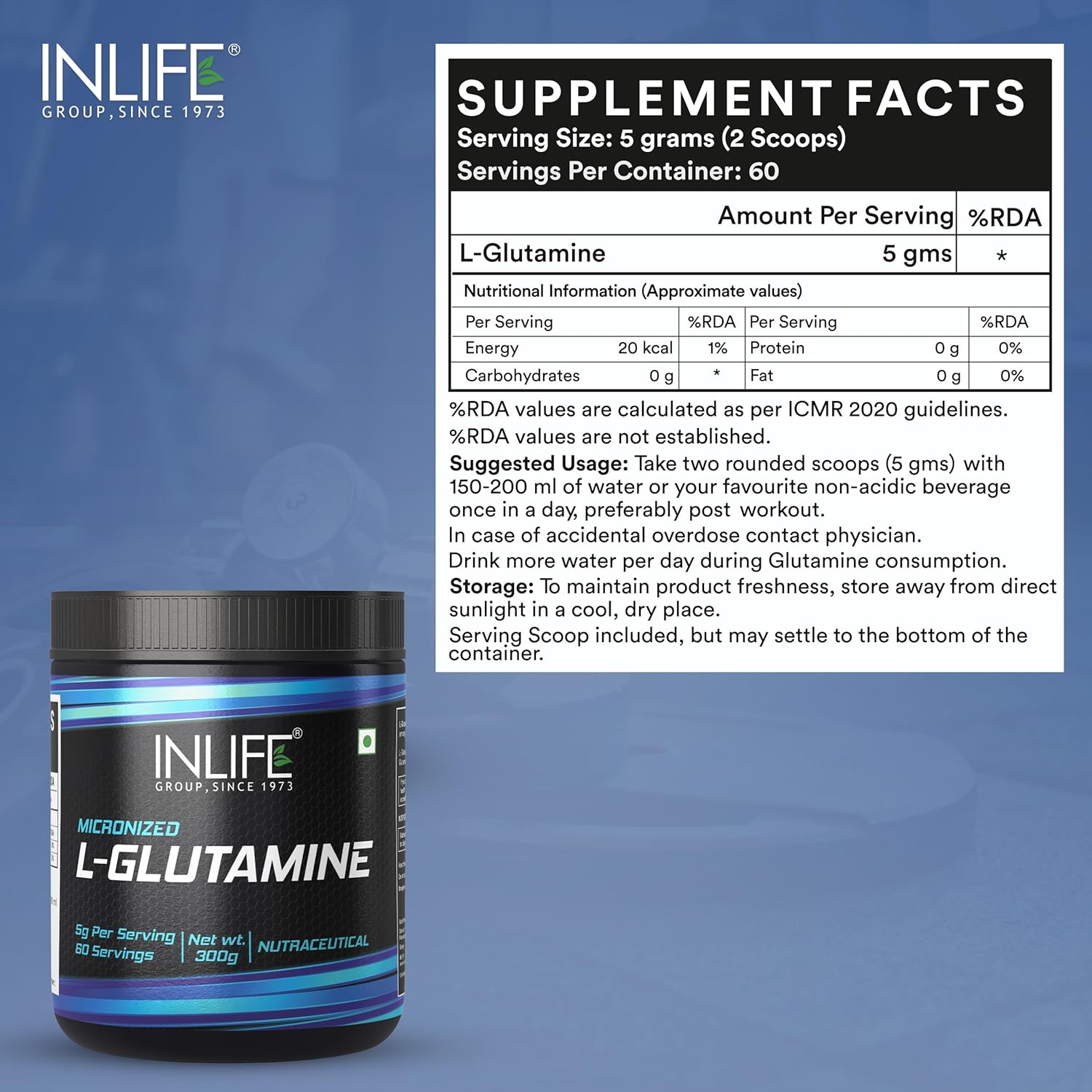 INLIFE L Glutamine Powder 5000mg | L Glutamine Supplement for Men - Unflavoured - 60 SERVINGS - 300g