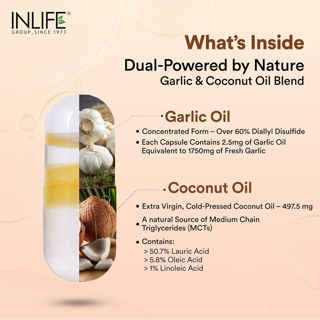 INLIFE Natural Garlic Oil with Coconut Oil Filled Capsules | Extra Virgin Cold Pressed Oil | Helps Support Heart Health, Immunity & Digestion | 60 Vegetarian Capsules