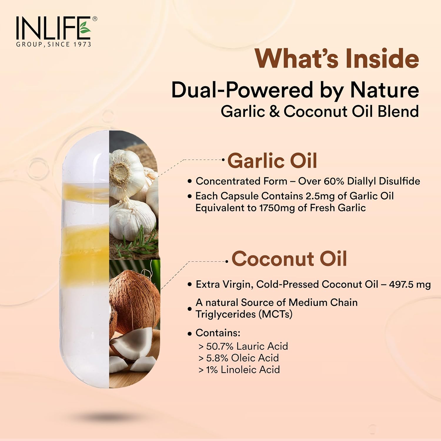 INLIFE Natural Garlic Oil with Coconut Oil Filled Capsules | Extra Virgin Cold Pressed Oil | Helps Support Heart Health, Immunity & Digestion | 60 Vegetarian Capsules