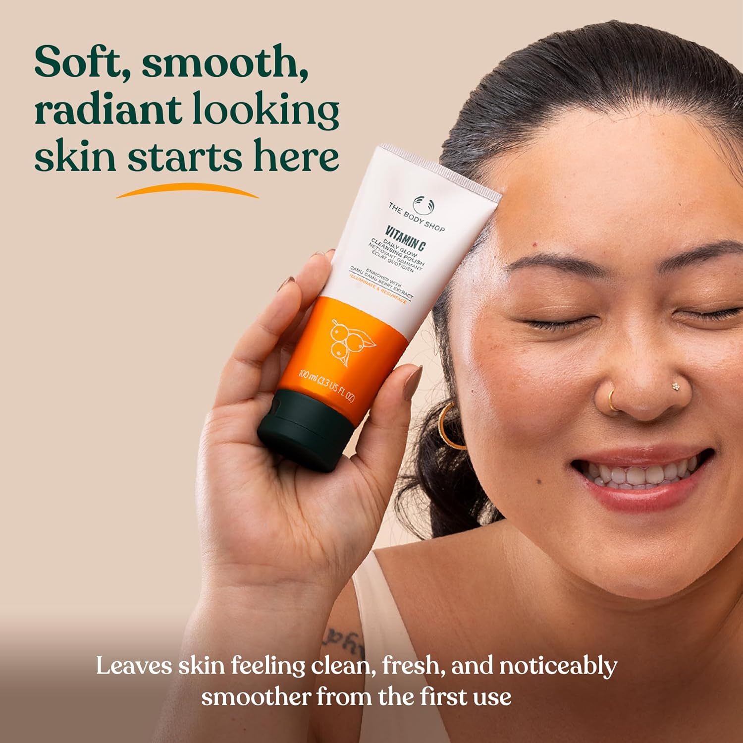 The Body Shop Vitamin C Daily Glow Cleansing Polish, 100 ML - For Dull, Tired Skin| Removes Dead Skin Cells| Radiance Revealing