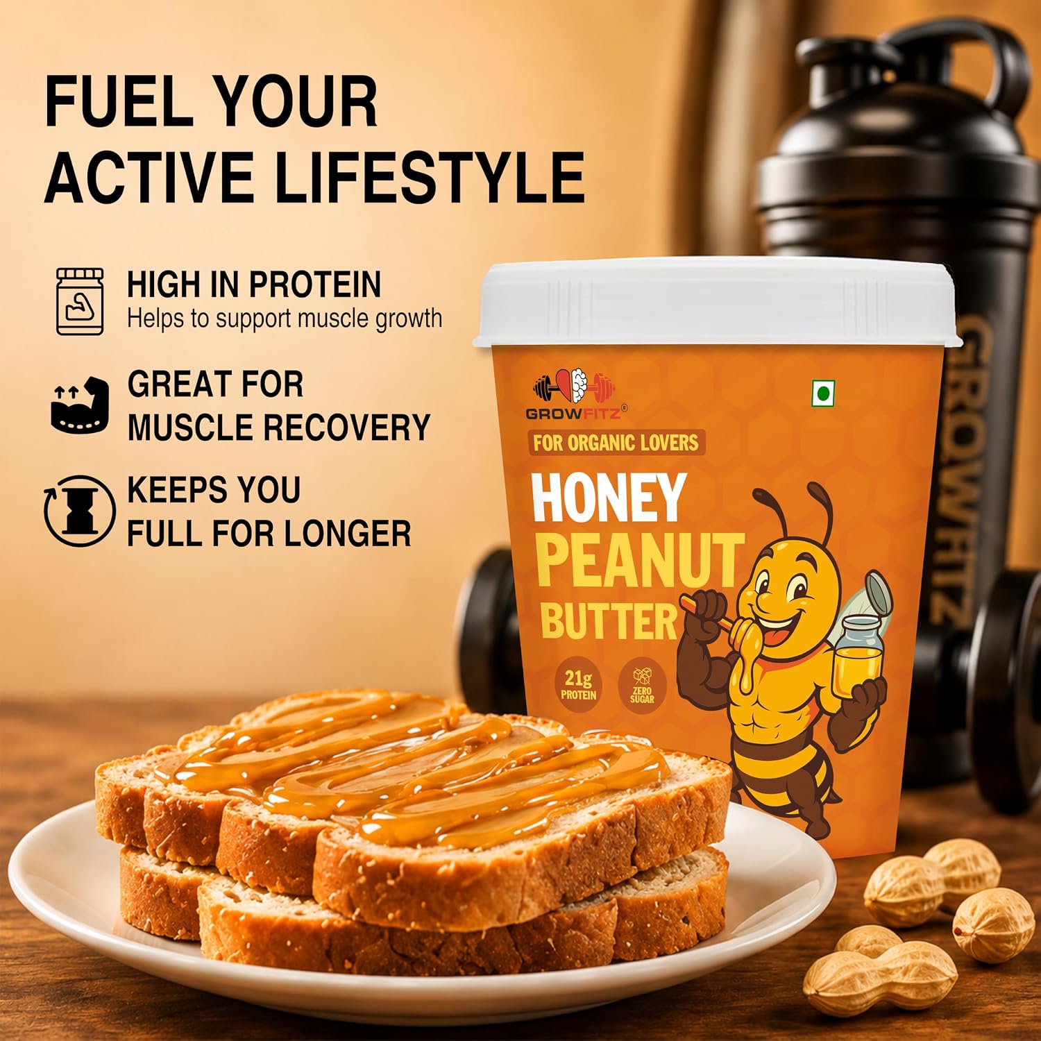 Growfitz Honey Peanut Butter 400g | 21g High Protein | Roasted Peanut With Added B-12 & Minerals for Brain & Heart Health, Zero Added Sugar | Tasty & Healthy Bread Spread (Pack of 1)