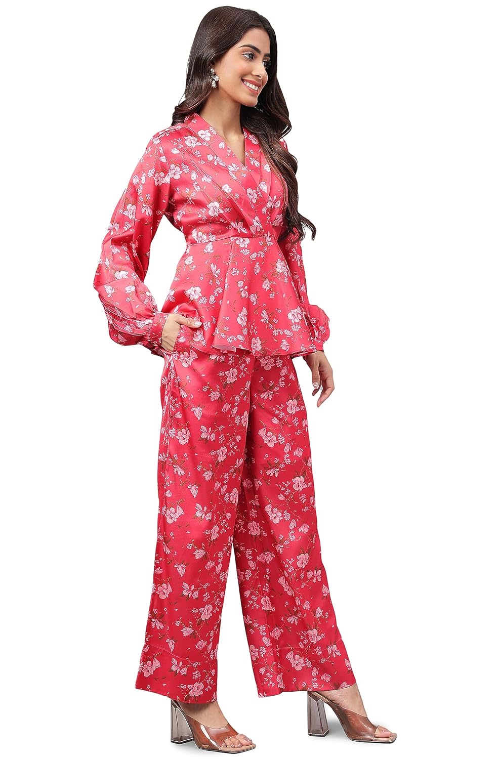 Janasya Women's Red Satin Digital Floral Printed Co-ords Set