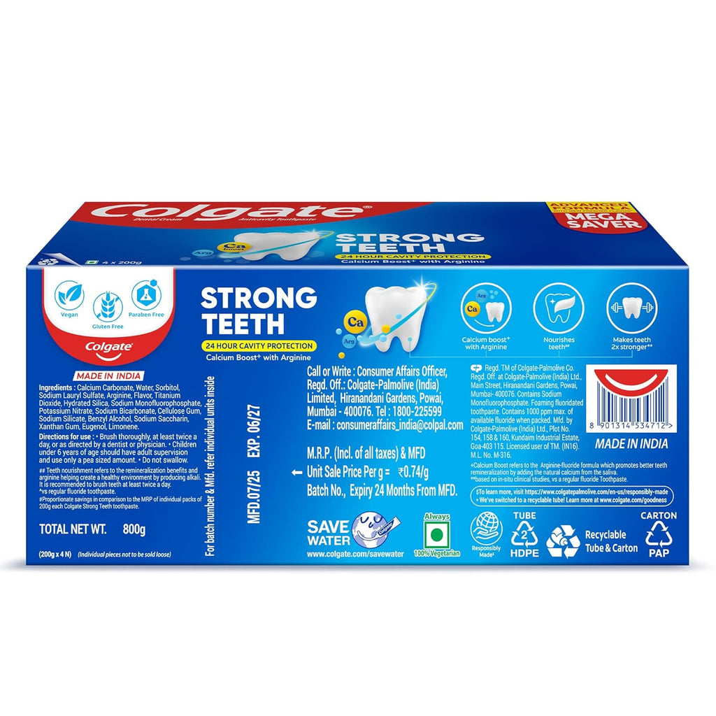 Colgate Strong Teeth Toothpaste 800g Calcium-boost Tooth Paste for 2X Stronger Teeth, Protects Enamel, Whitens Teeth, Fresh Breath & Prevents Cavities (Combo Multipack)